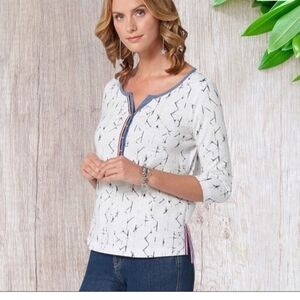 Ambria Women's Cotton Top Size 16 White Black Print 3/4 Sleeve‎ Button Up Casual